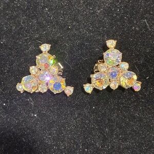 Vintage mid century gold tone glass AB crystal clip on earrings